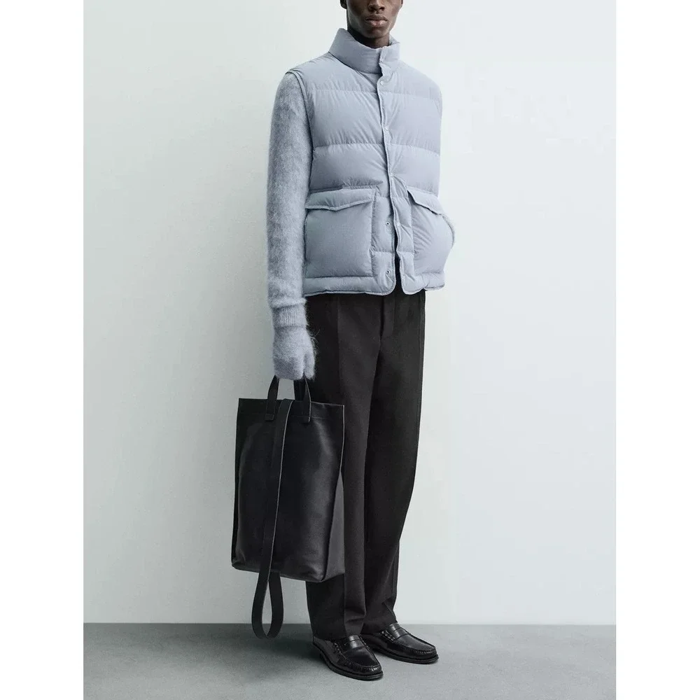 ZARA 100% Down Mens Puffer Vest Light Blue Quilted Snap Button Winter Cozy